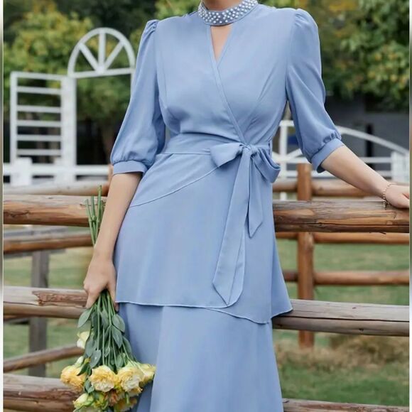 Elegant Blue Layered Dress - Picture 2 of 3